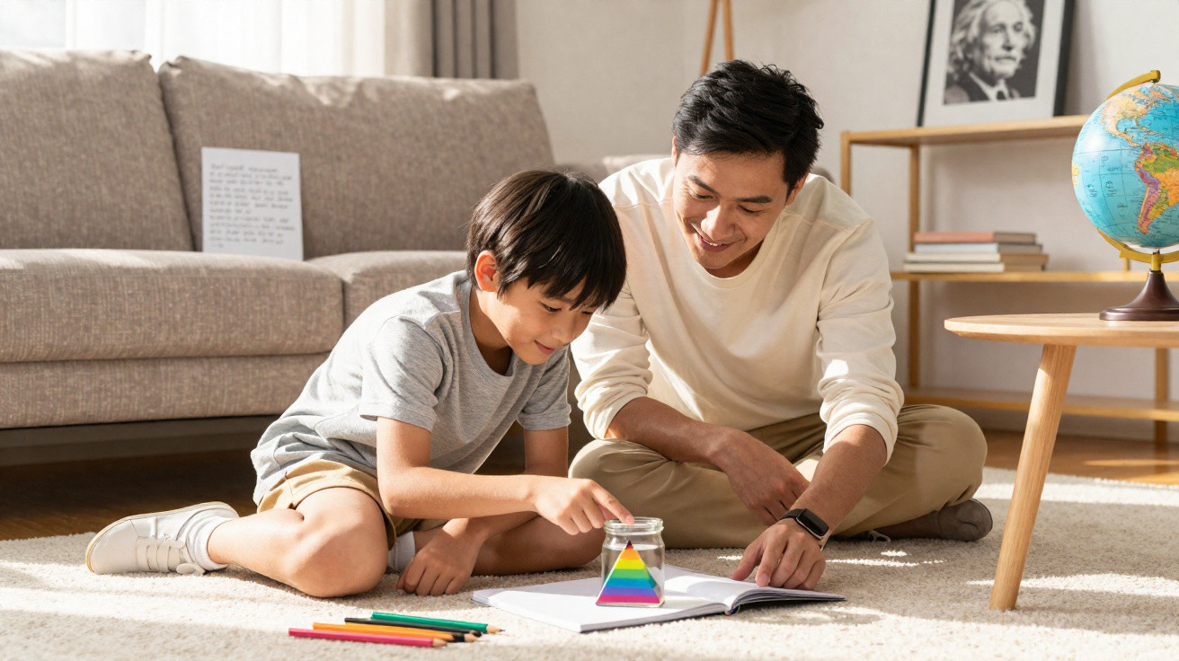 Pai e filho asiáticos sentados no chão a aprender com livro e jarro com líquido colorido em sala de estar.