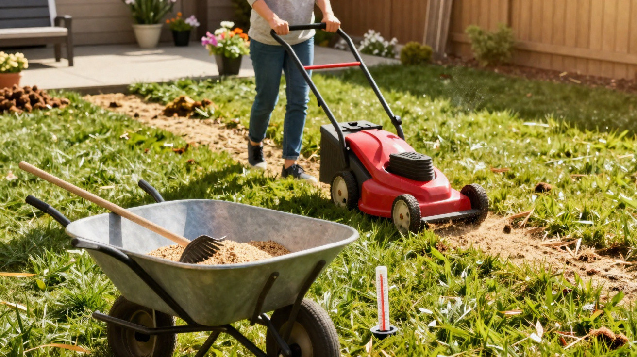 Pessoa a cortar relva numa área do jardim com um corta-relvas vermelho e carrinho de mão com areia.