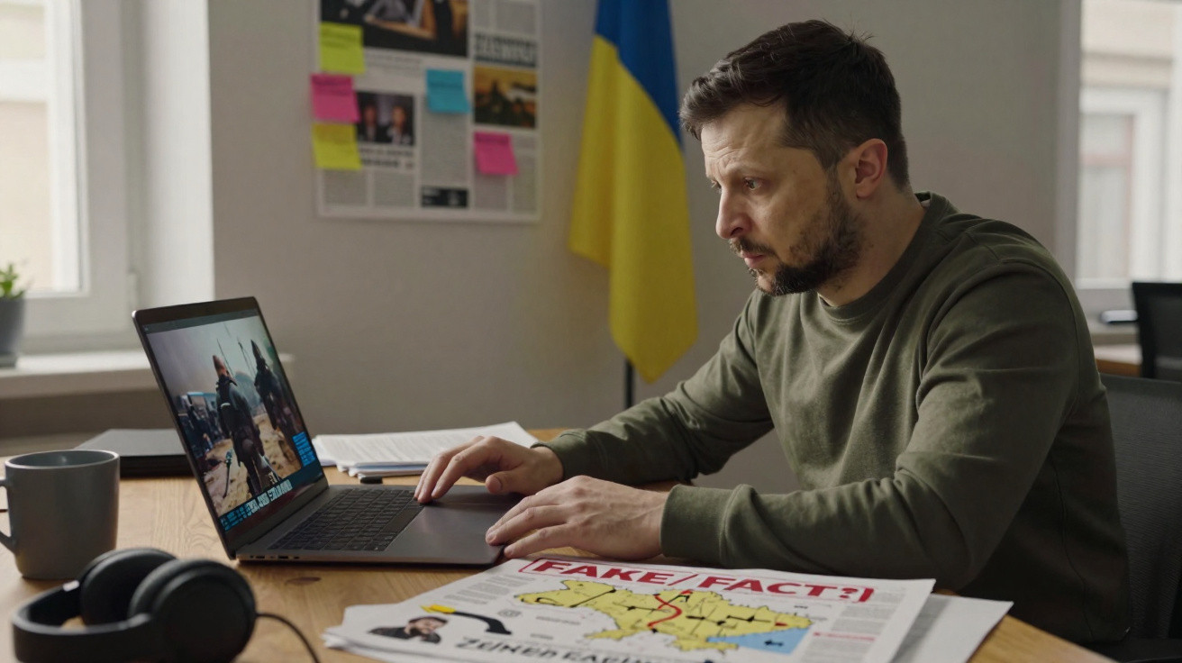 Homem com barba senta-se a uma secretária a usar um computador portátil, com uma bandeira da Ucrânia ao fundo.