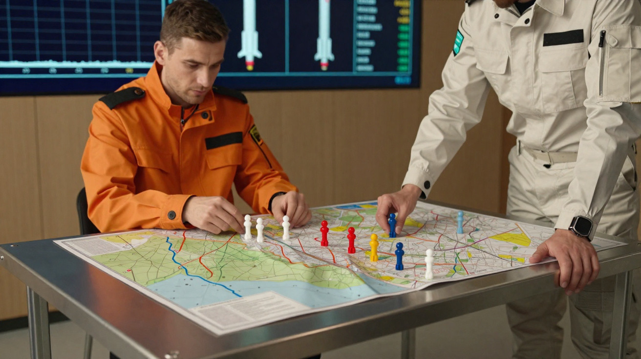 Dois homens em uniformes discutem posição de peças coloridas num mapa sobre mesa metálica.