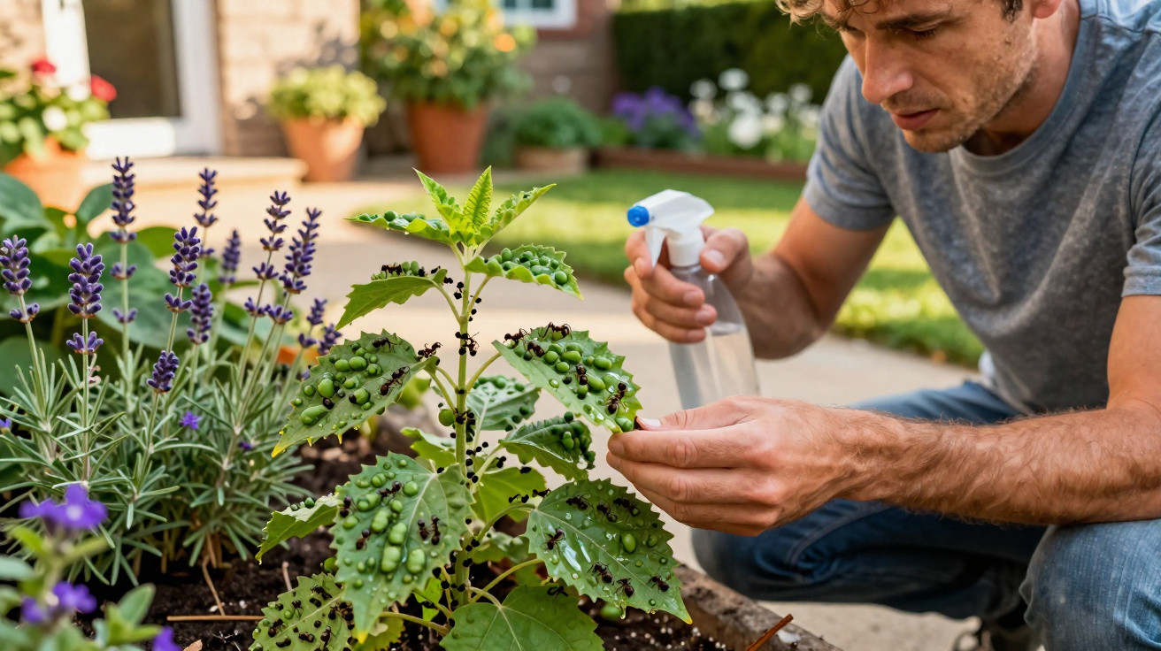 Homem a pulverizar plantas com um frasco de spray num jardim exterior ensolarado.