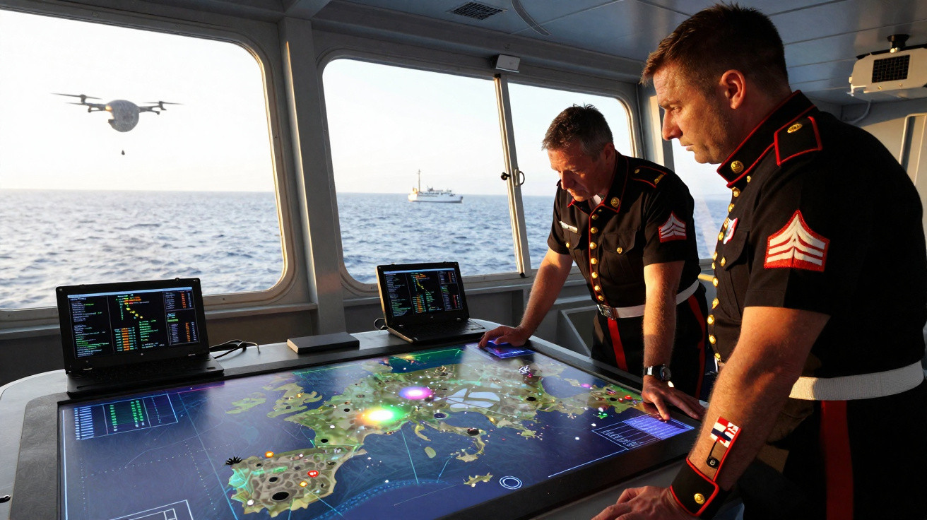 Dois militares a analisar um mapa digital num ecrã táctil numa embarcação, com drone e navio visíveis no mar.