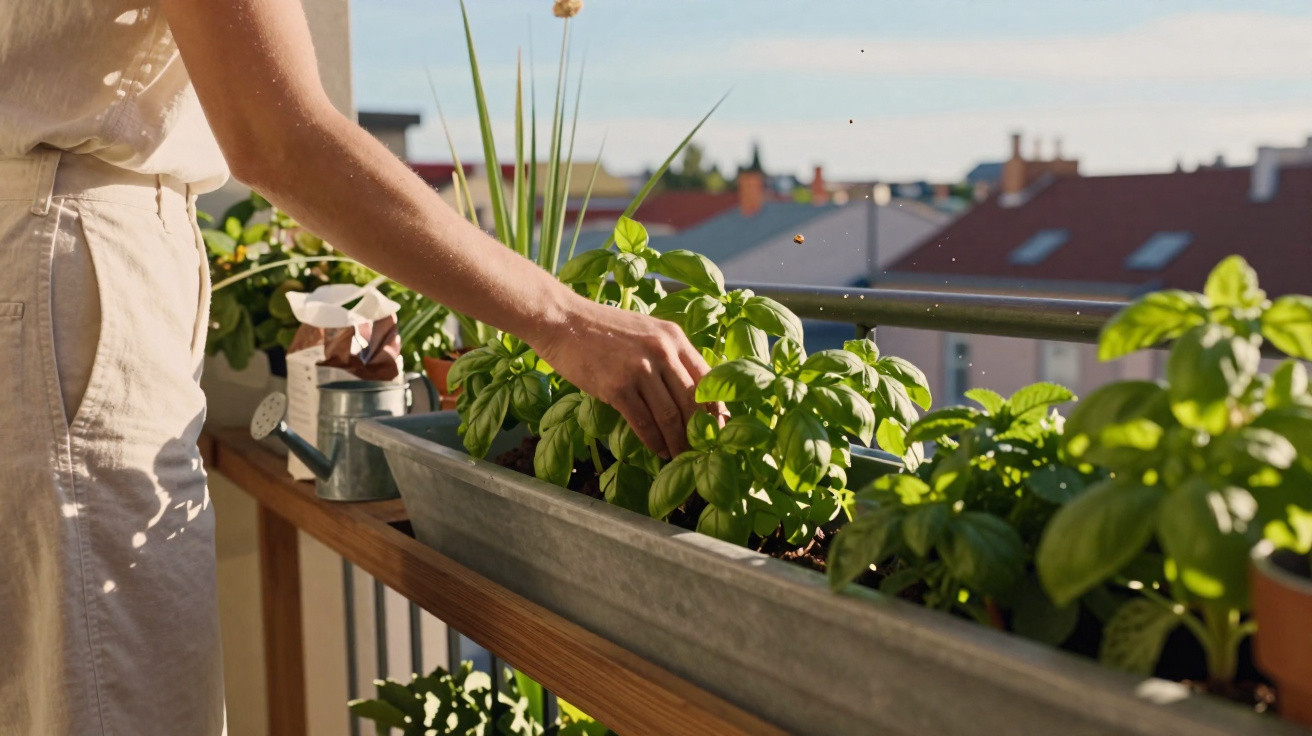 Pessoa a cuidar de plantas aromáticas num vaso alongado numa varanda ensolarada.