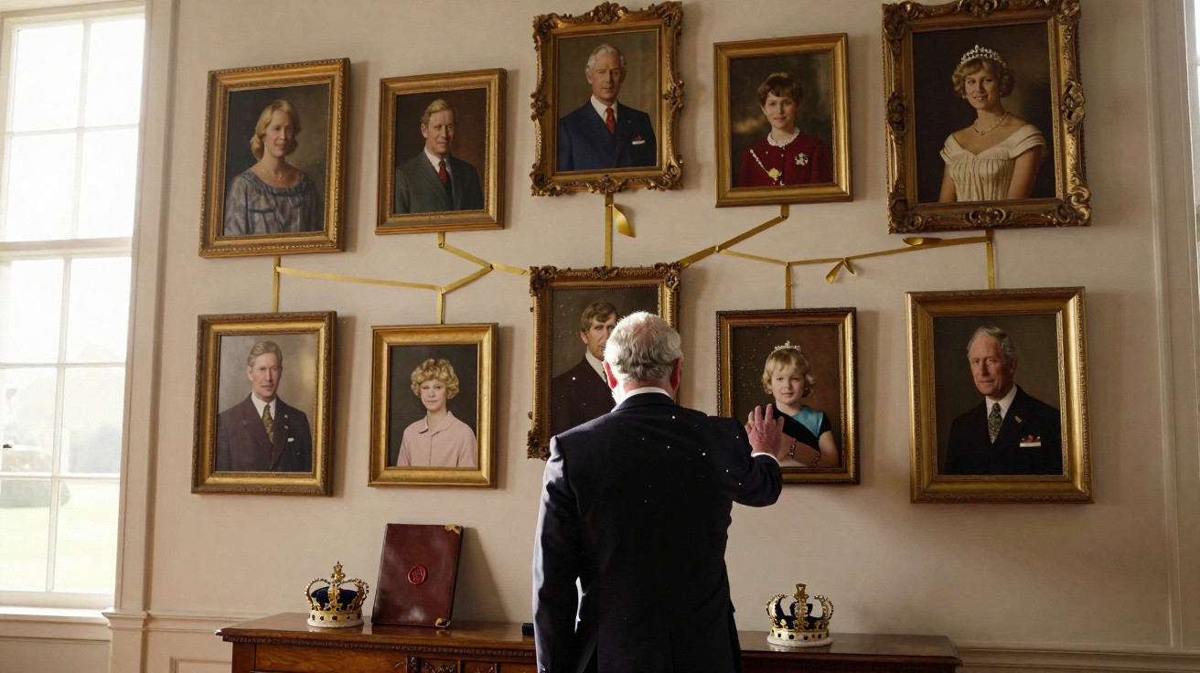 Homem de costas cumprimenta galeria de retratos de família real numa sala iluminada por janela grande.