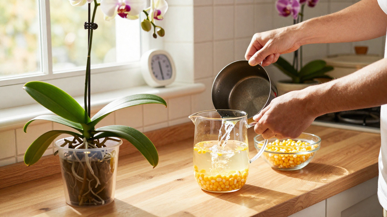Mãos a despejar água em jarra com milho numa cozinha com orquídea ao lado junto à janela.