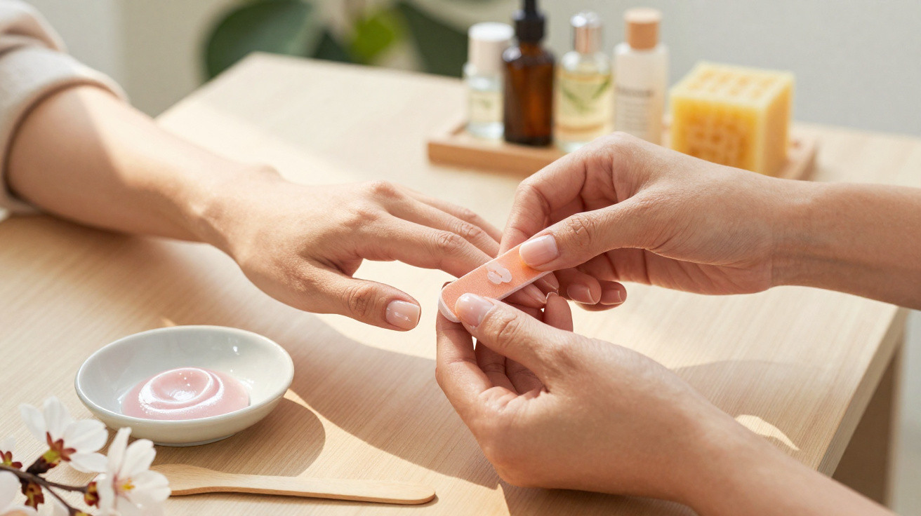 Pessoa a lixar unhas de outra pessoa numa mesa com creme, óleos e sabonete ao fundo.