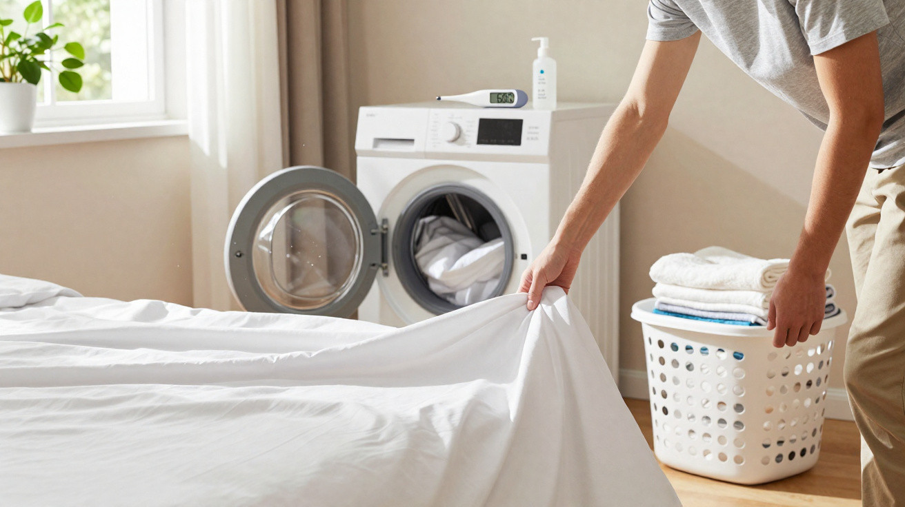 Pessoa a estender lençol numa cama perto de máquina de lavar e cesto de roupa no quarto.