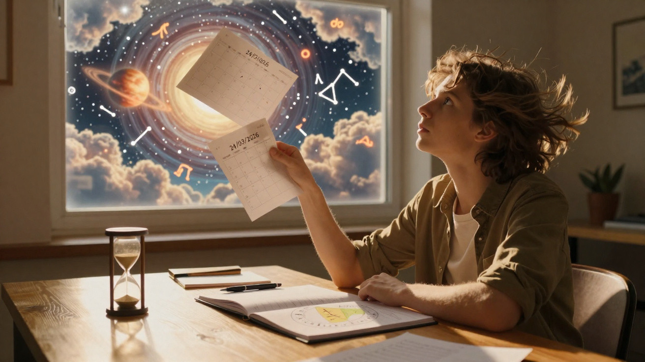 Jovem sentado à mesa a estudar astrologia com calendário e símbolo de planetas e signos no fundo.