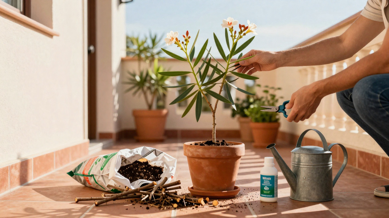 Pessoa a cuidar de planta em vaso com tesoura de poda, regador, terra e adubo numa varanda com luz natural.