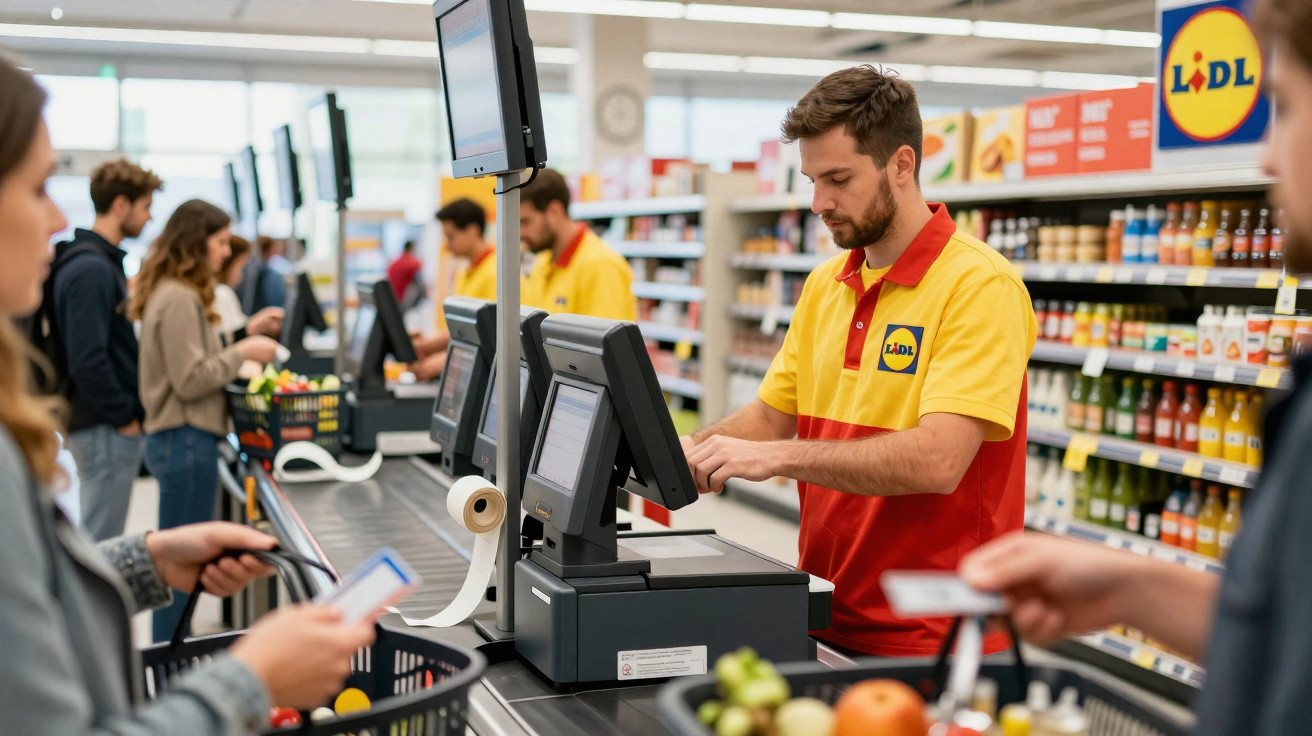 Caixa a cobrar produtos no supermercado Lidl com clientes na fila e carrinhos de compras.