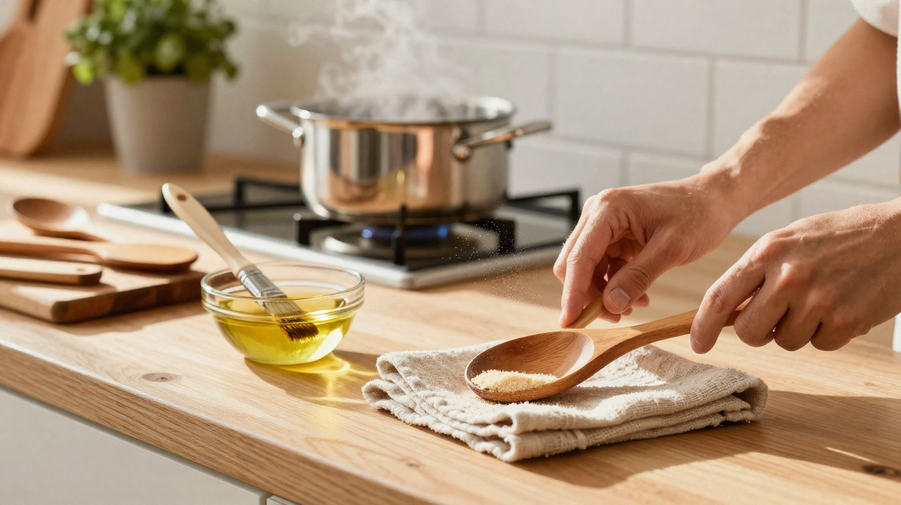 Mãos a polvilhar sal grosso numa colher de pau na cozinha com panela a ferver ao fundo.