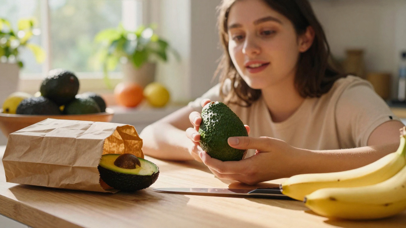 Mulher jovem a segurar um abacate numa cozinha, com frutas e saco de papel na mesa iluminada pela luz do dia.
