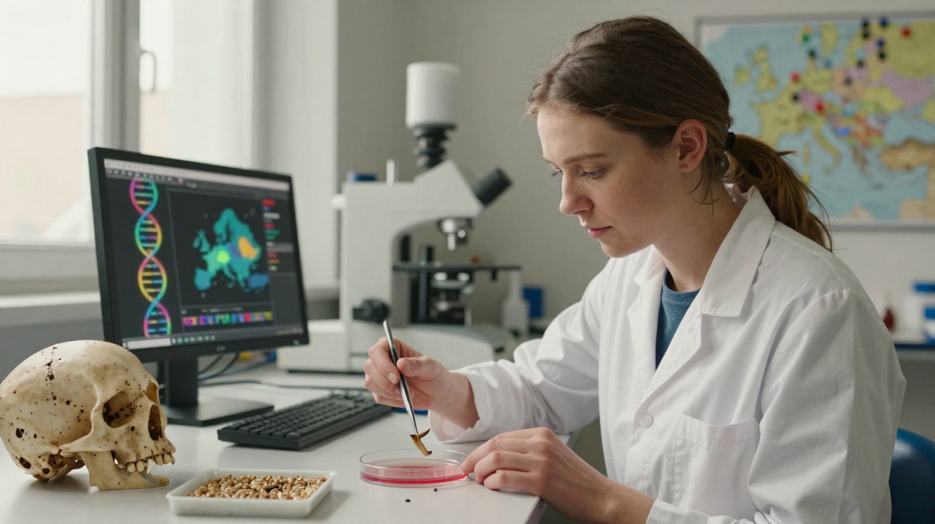 Mulher cientista analisa amostra em placa de Petri num laboratório com crânio e monitor de DNA.