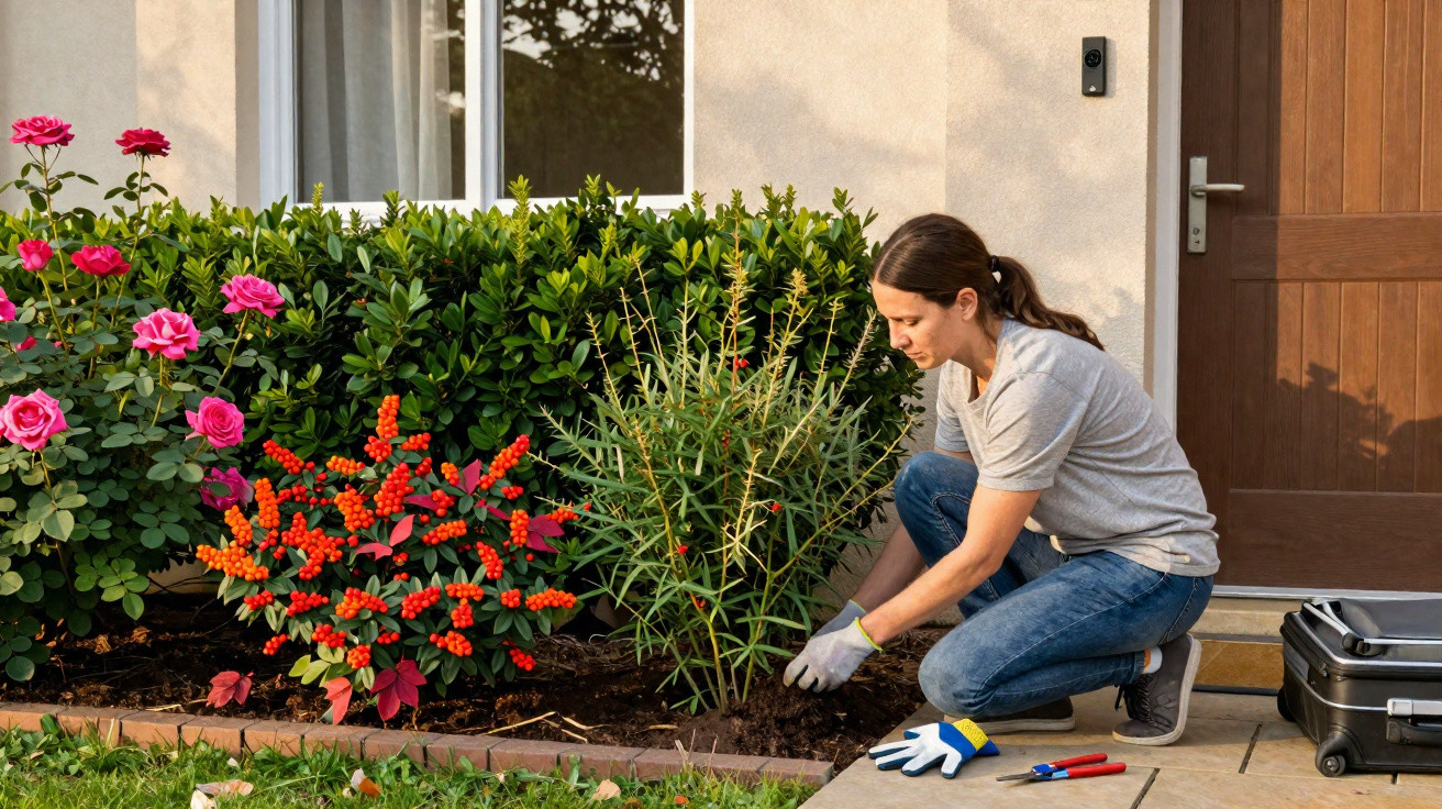 Mulher a cuidar do jardim junto à porta de casa, rodeada por rosas e plantas com bagas vermelhas.