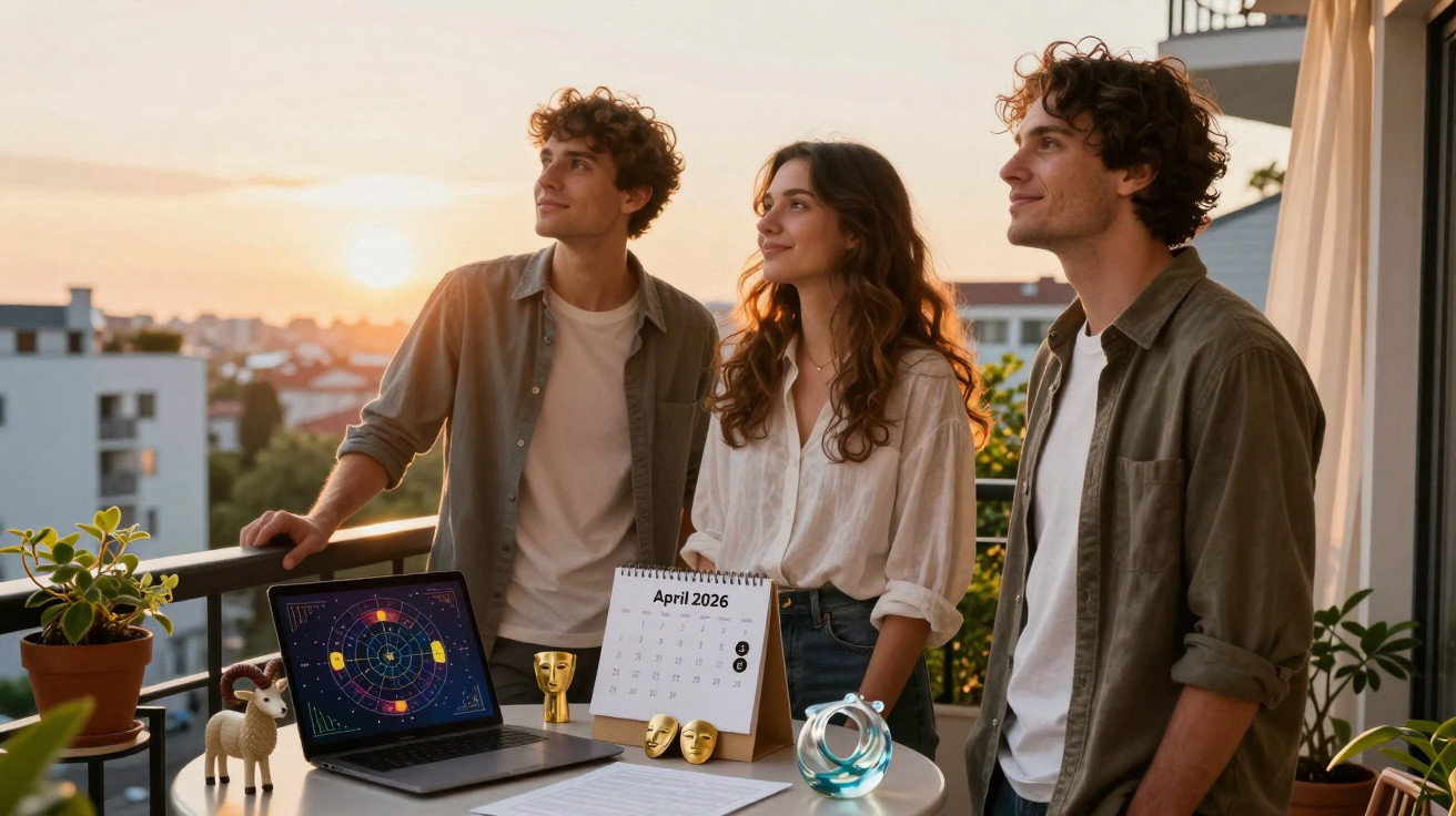 Três jovens num terraço ao pôr do sol, com computador, calendário e objetos na mesa.