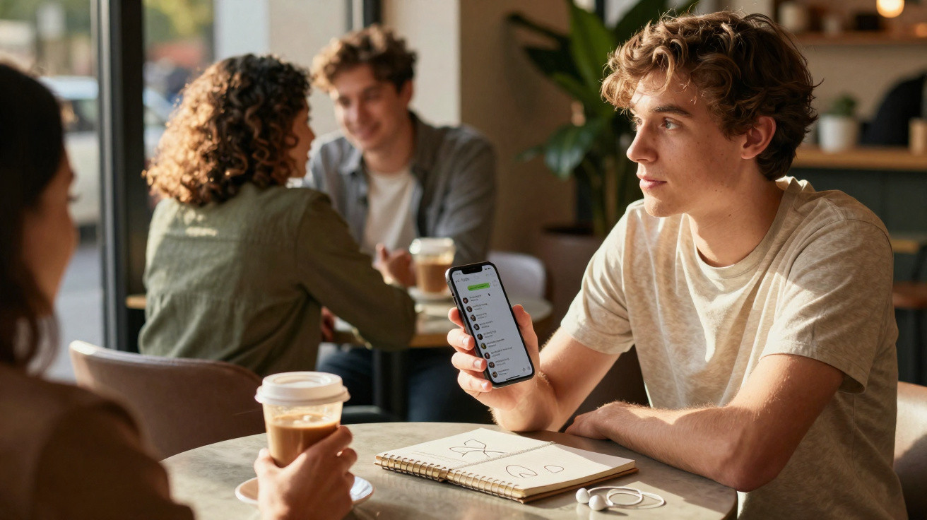 Jovem numa cafetaria a mostrar mensagens no telemóvel para outra pessoa com caderno e café na mesa.