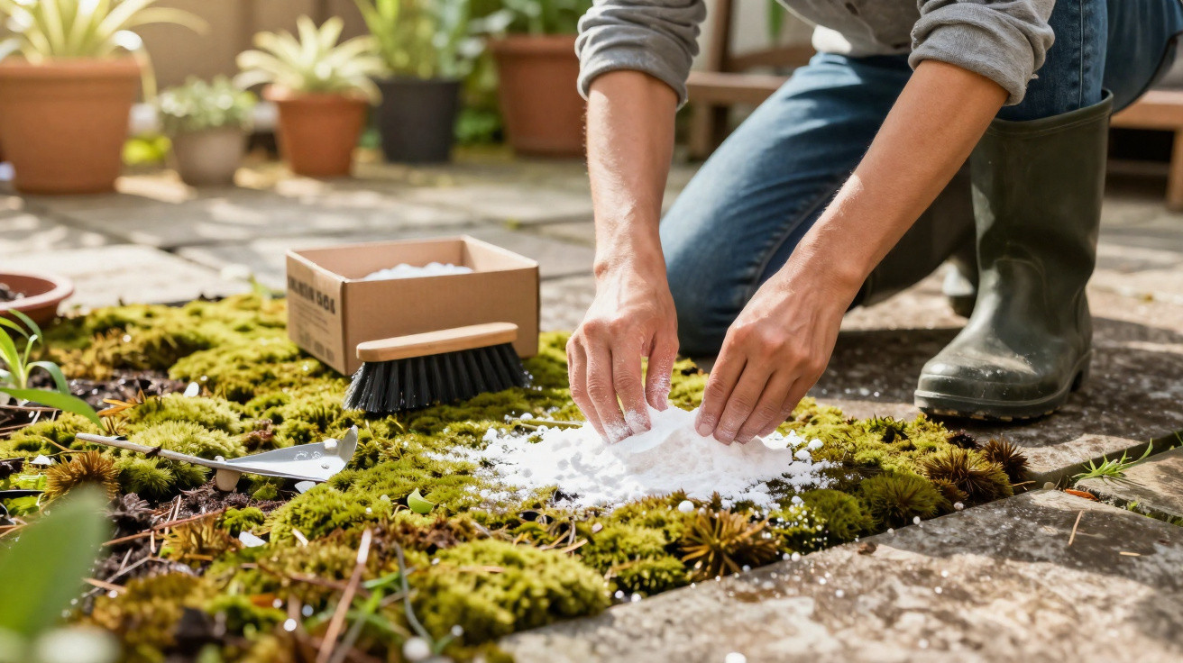 Pessoa a aplicar pó branco para remover musgo entre pedras num jardim com plantas em vasos.