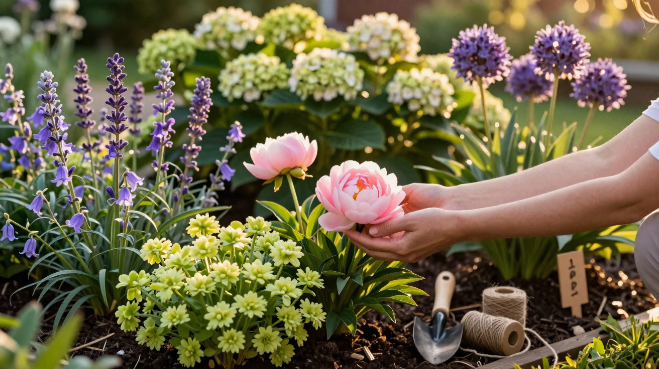 Mãos a cuidar de peónias cor-de-rosa num jardim com várias flores coloridas ao entardecer.