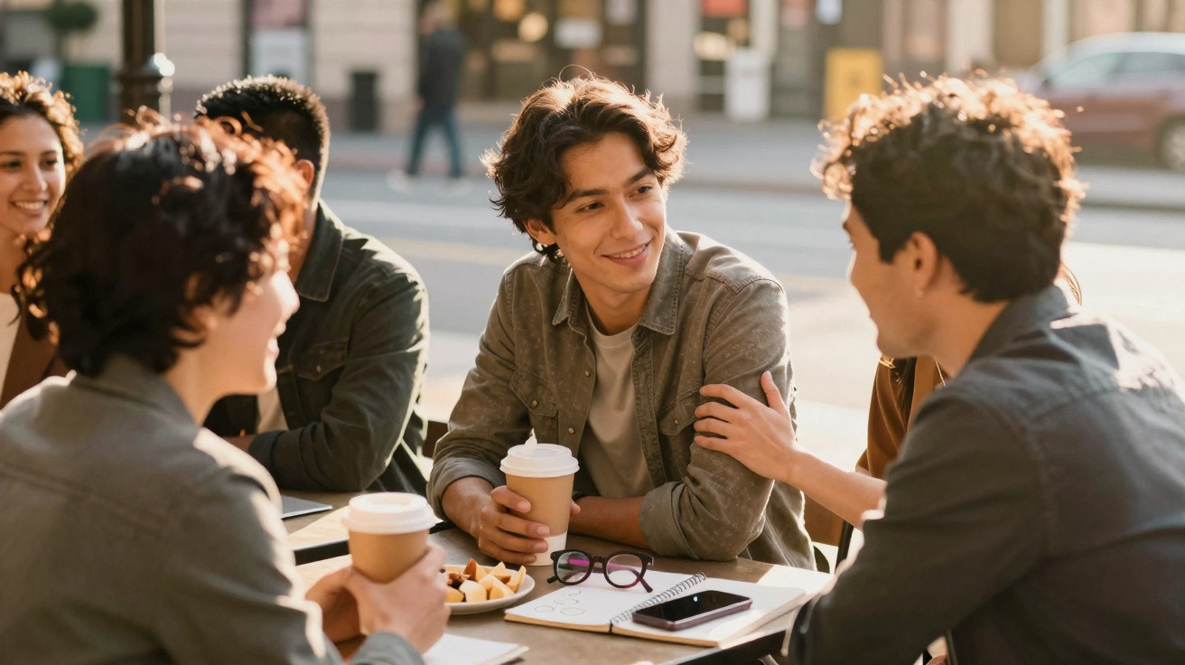 Grupo de jovens conversando e a beber café numa esplanada ao ar livre durante o dia.