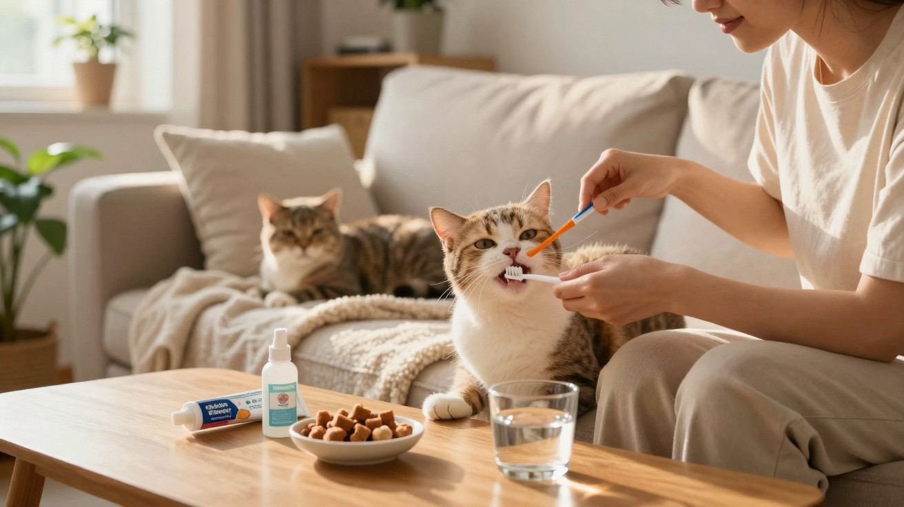 Mulher a escovar os dentes de um gato num sofá, com outro gato ao fundo e comida numa mesa.
