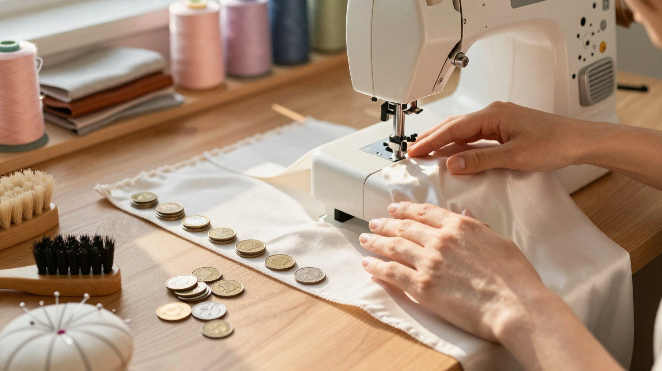Pessoa a costurar tecido branco numa máquina de costura junto a moedas e materiais de costura.