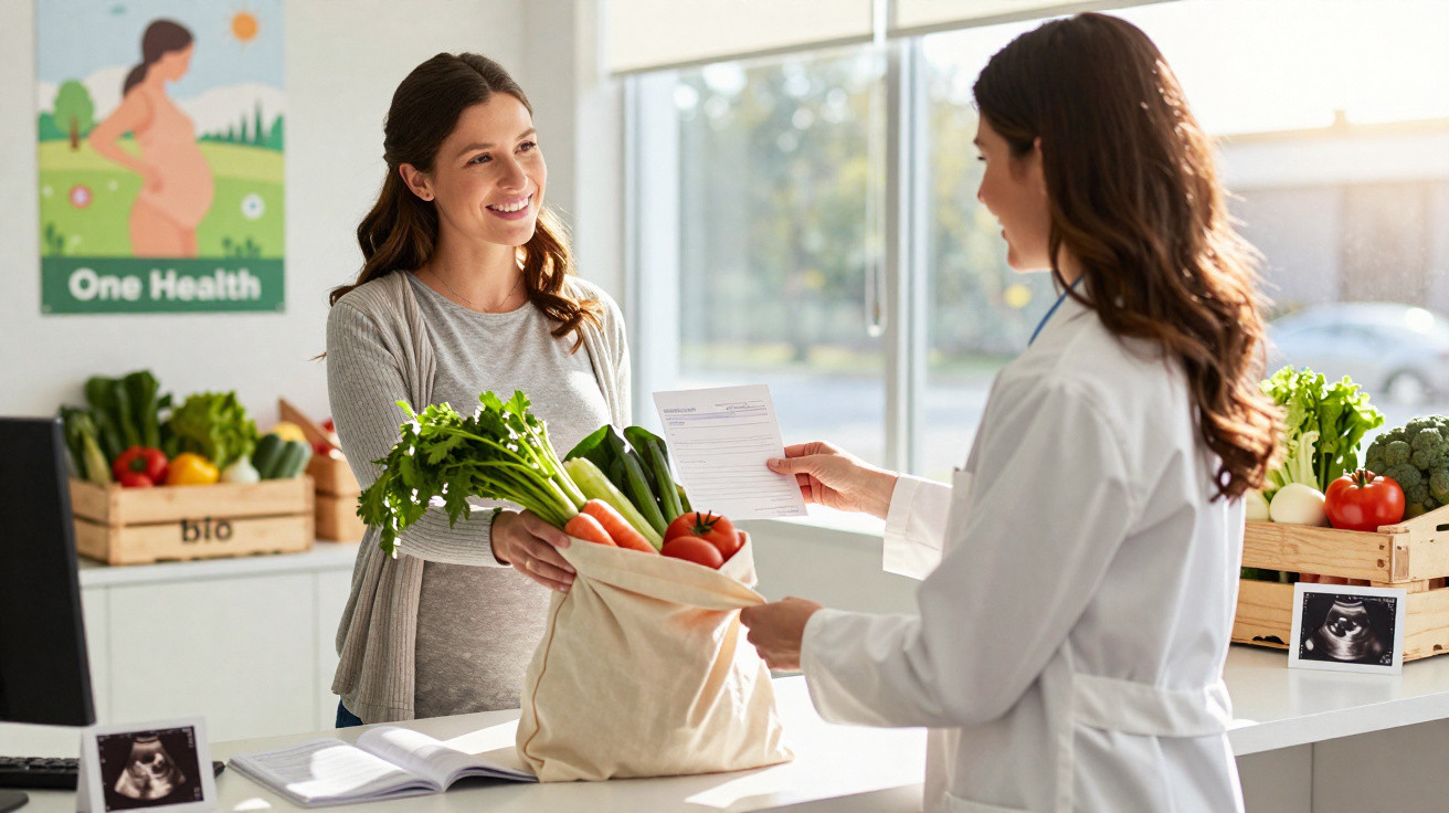 Consulta médica onde uma grávida entrega legumes frescos numa bolsa ecológica à médica.