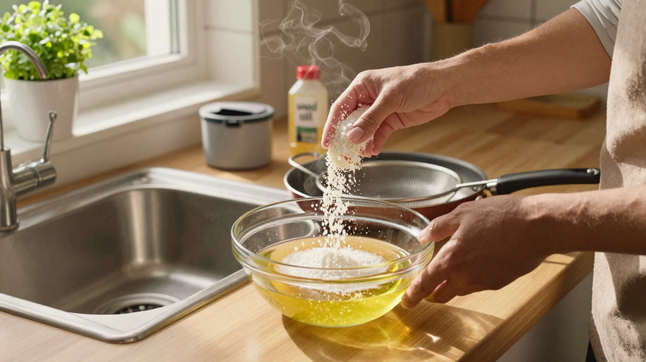 Mãos a adicionar sal a uma tigela com óleo numa cozinha iluminada por luz natural.