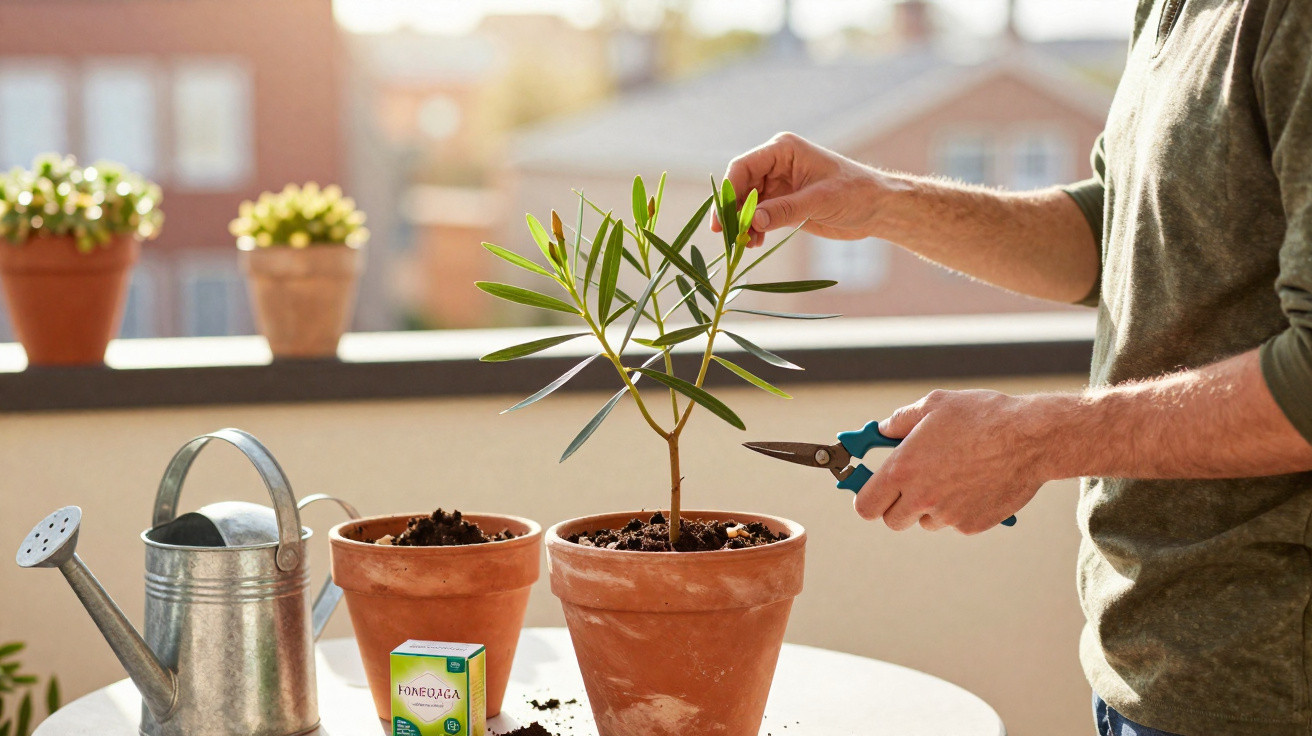 Pessoa a podar muda de planta em vaso de barro numa varanda com regador e outros vasos ao fundo.