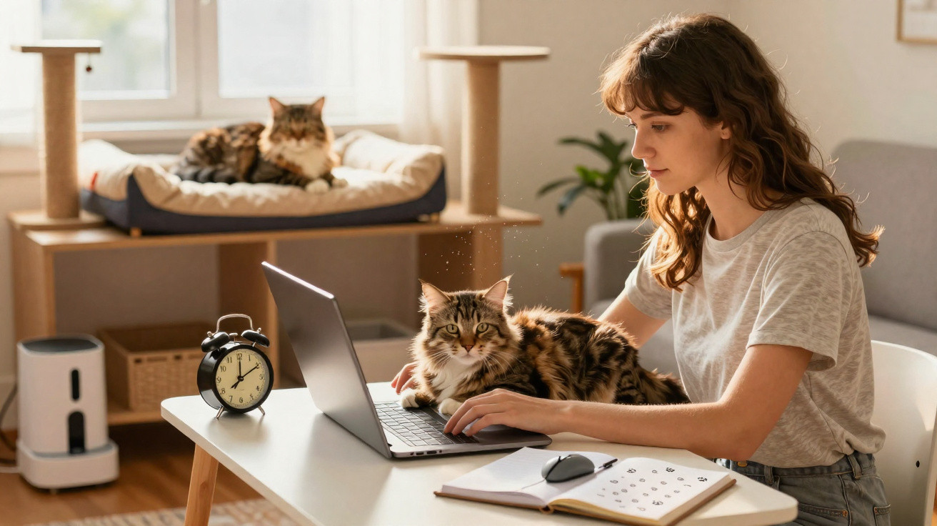 Mulher a trabalhar num portátil com gato em cima da mesa e outro gato numa cama atrás, em casa.