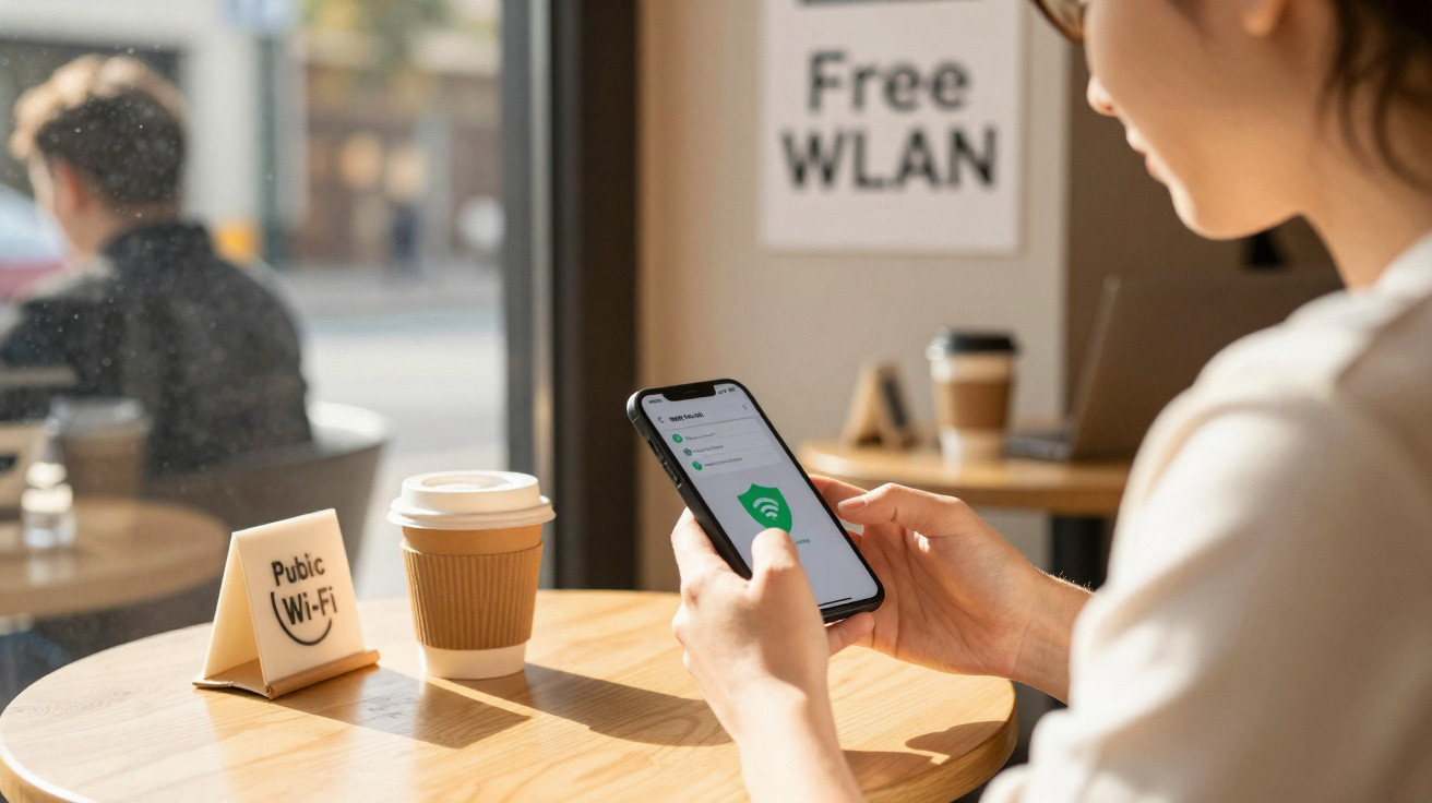 Pessoa sentada numa mesa de café, a ligar-se a Wi-Fi grátis através do telemóvel.