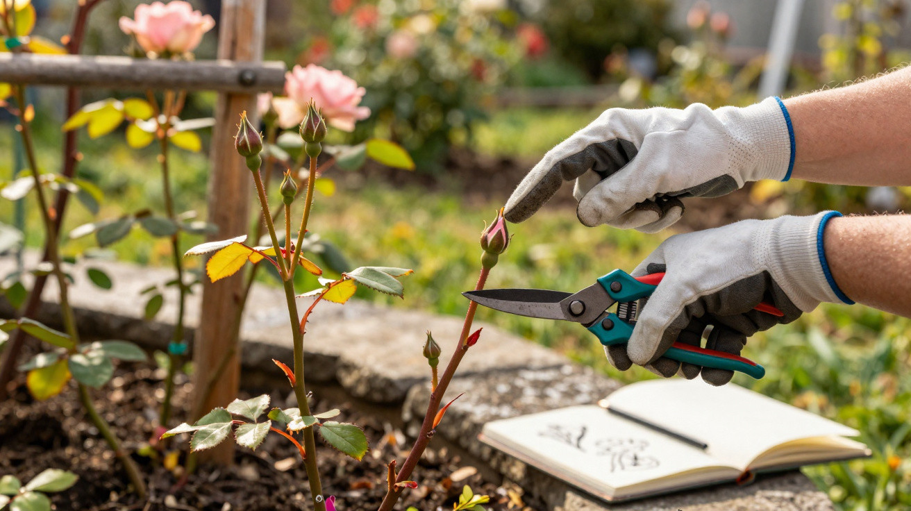 Mãos com luvas a podar um botão de rosa num jardim, com um caderno aberto ao fundo.