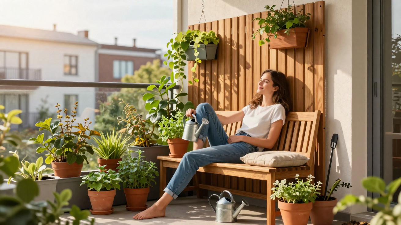 Mulher relaxa num banco de madeira numa varanda rodeada de plantas em vasos ao sol da manhã.