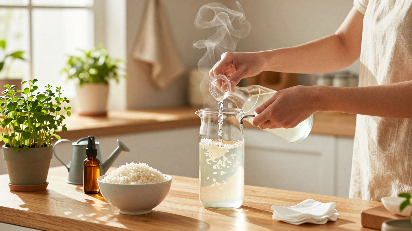 Pessoa a verter água quente numa jarra de vidro numa cozinha com arroz e plantas na bancada de madeira.