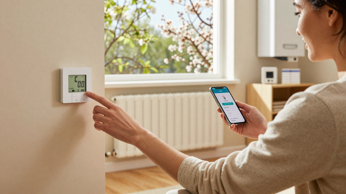 Pessoa a ajustar termóstato na parede usando smartphone para controlar a temperatura ambiente numa sala iluminada.