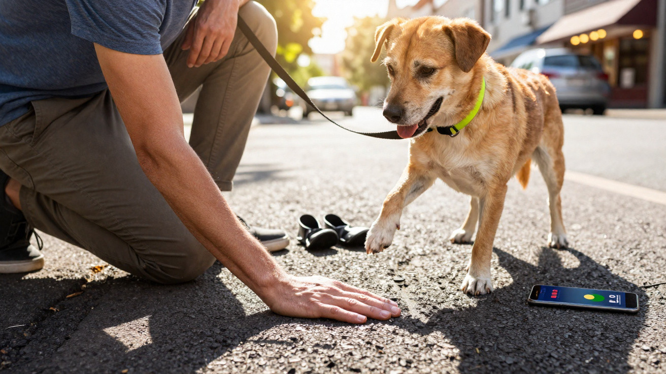 Cão a dar a pata a pessoa que está ajoelhada na rua, com um telemóvel e trela no chão.