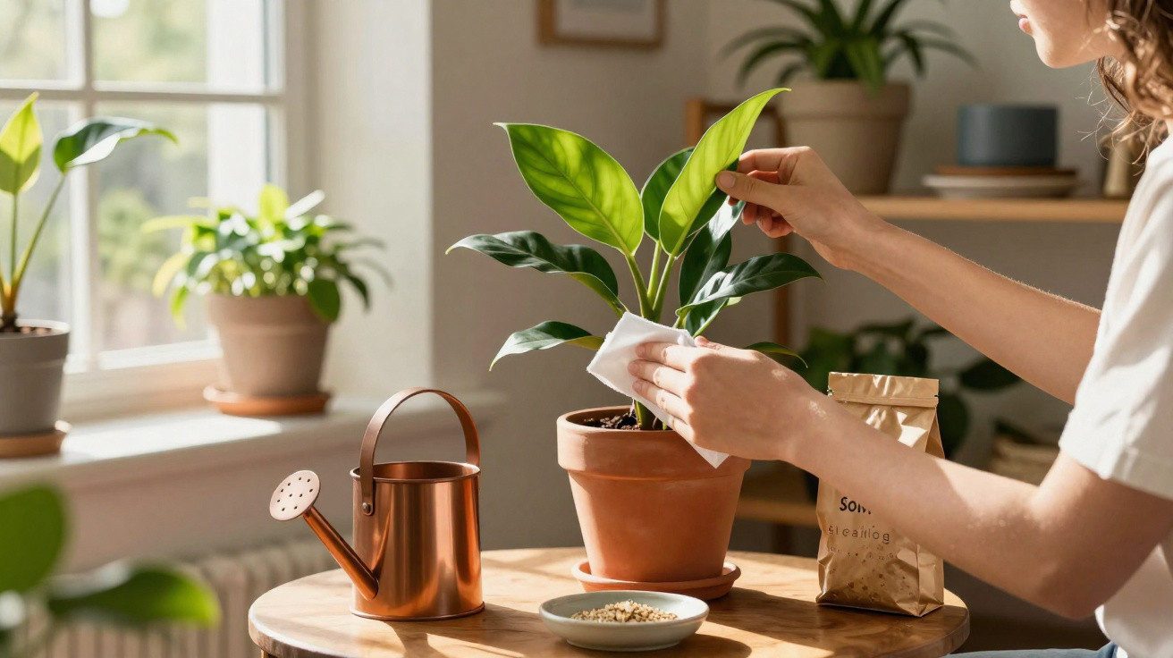 Pessoa limpa folhas de planta em vaso numa mesa com regador e saco de substrato ao lado numa sala iluminada.