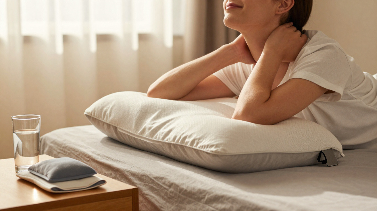 Mulher a descansar na cama, com almofada de apoio na nuca, ao lado um copo de água e bolsa térmica.