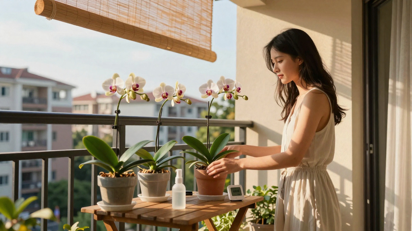 Mulher rega orquídeas num vaso num terraço com prédios ao fundo ao amanhecer.