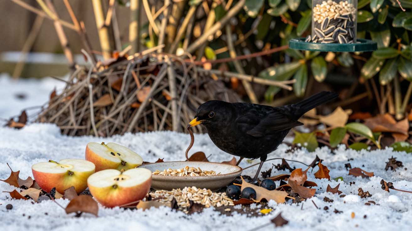 Pardal preto a comer minhoca em prato com sementes, maçãs cortadas e neve ao redor.