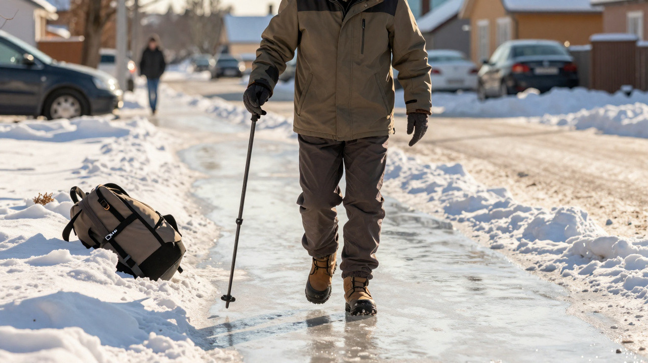 Pessoa a caminhar com bastão num caminho gelado rodeado de neve e casas ao fundo.