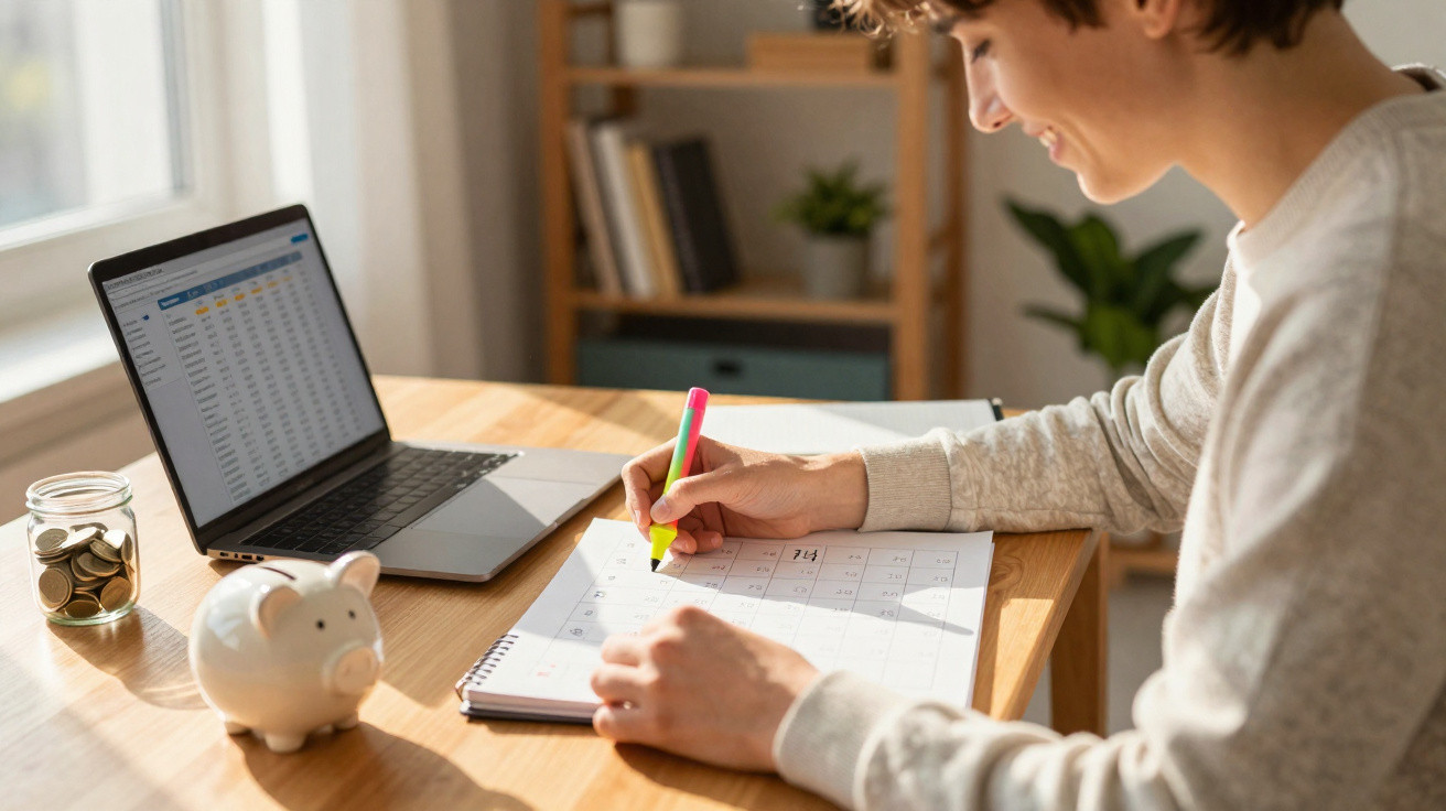 Pessoa a organizar finanças pessoais com laptop, calendário, marcador e mealheiro numa mesa iluminada.
