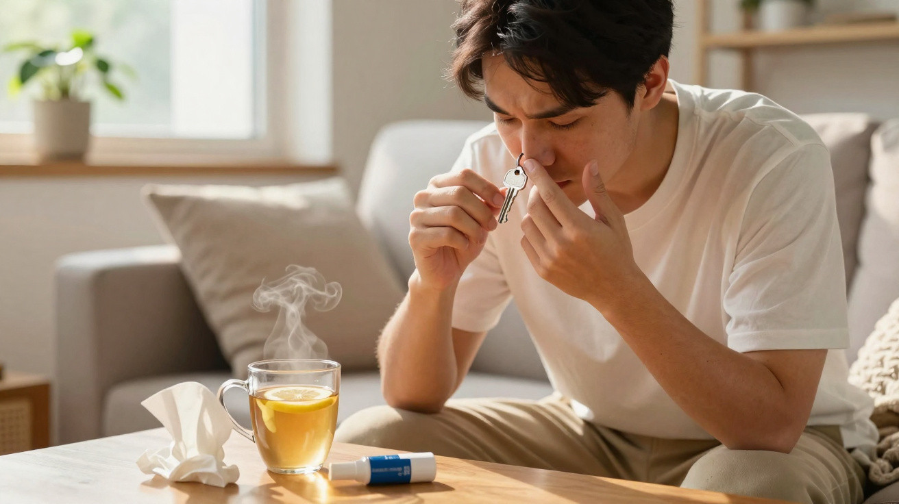 Homem a usar spray nasal sentado no sofá com chá quente, lenço e inalador numa mesa à frente.