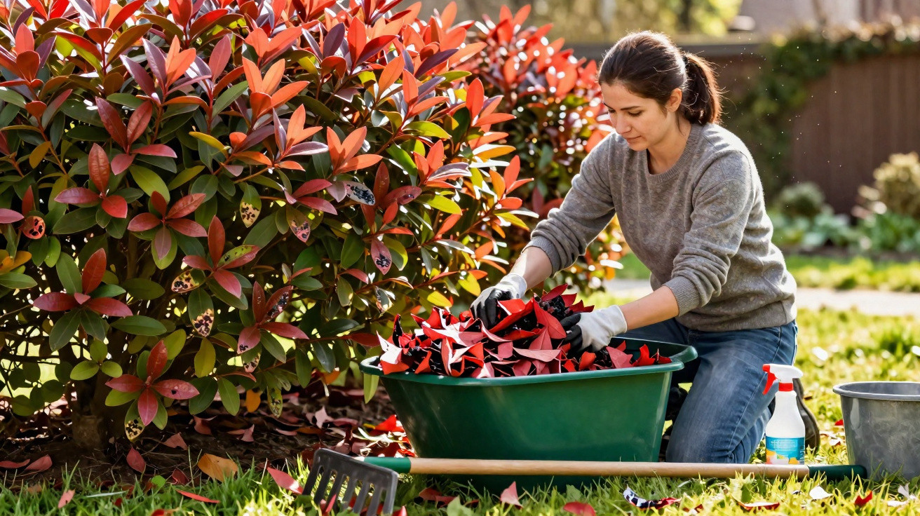 Mulher a apanhar folhas vermelhas num carrinho de jardinagem num jardim, rodeada de plantas.