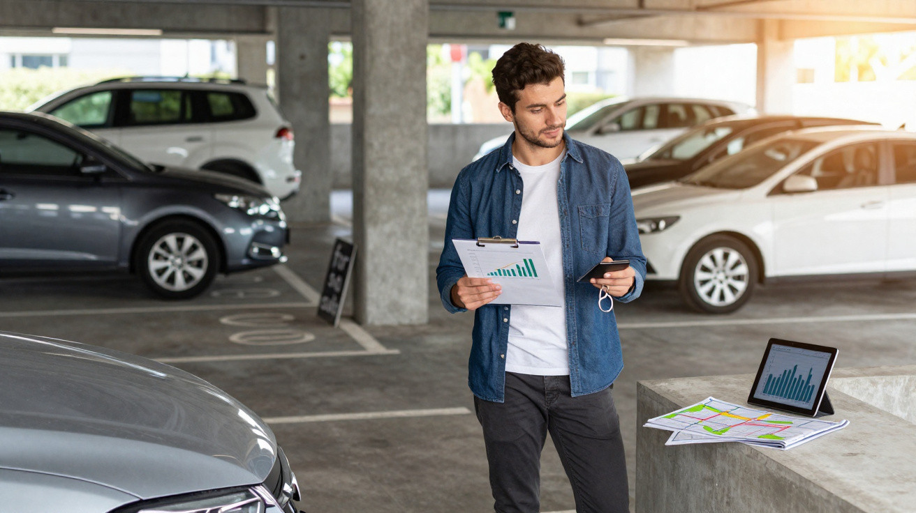 Homem em parque de estacionamento a analisar gráficos em folhas e tablet enquanto usa telemóvel.