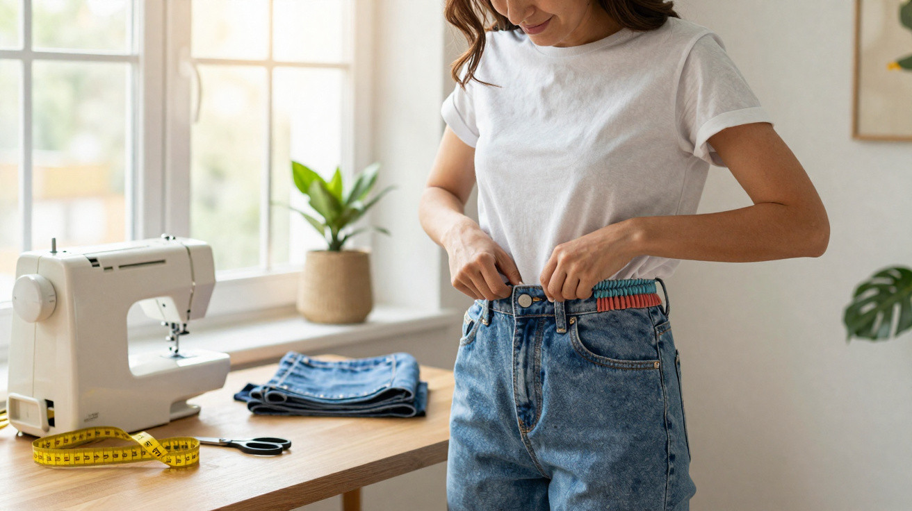 Mulher a experimentar um jeans com agulhas na cintura, perto de máquina de costura e fita métrica numa mesa.