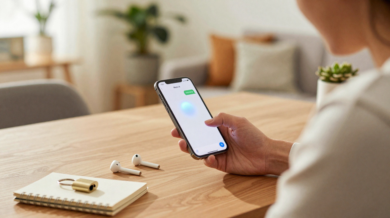 Pessoa segurando telemóvel com app de controlo de iluminação numa mesa com auriculares sem fios e bloco de notas.