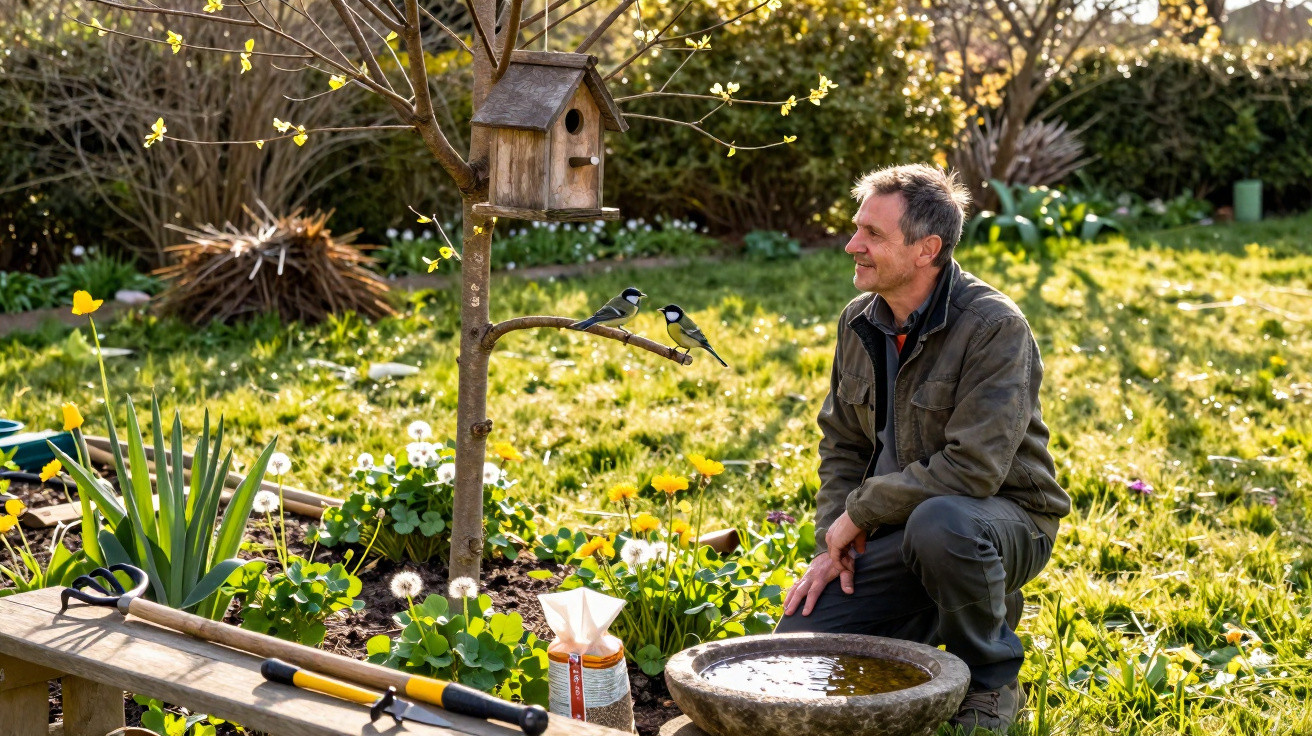 Homem num jardim observa pássaros numa árvore com casa de aves, ferramentas e plantas ao redor.