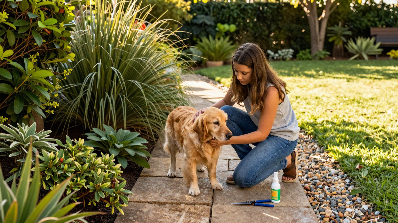 Mulher trata do pelo de cão dourado num jardim com plantas e sol da tarde.