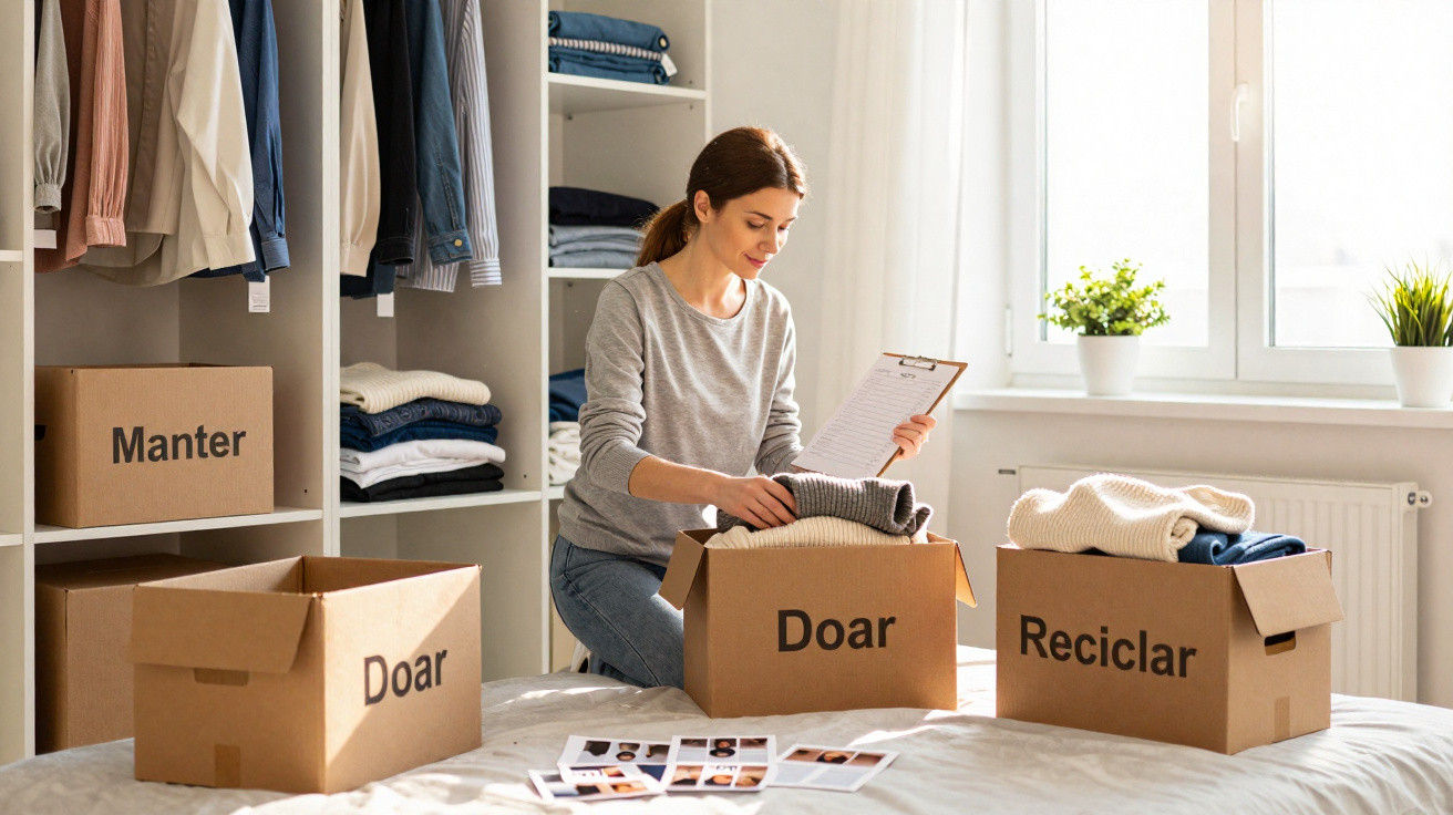 Mulher a organizar roupas em caixas de cartão rotuladas "Manter", "Doar" e "Reciclar" numa divisão iluminada.