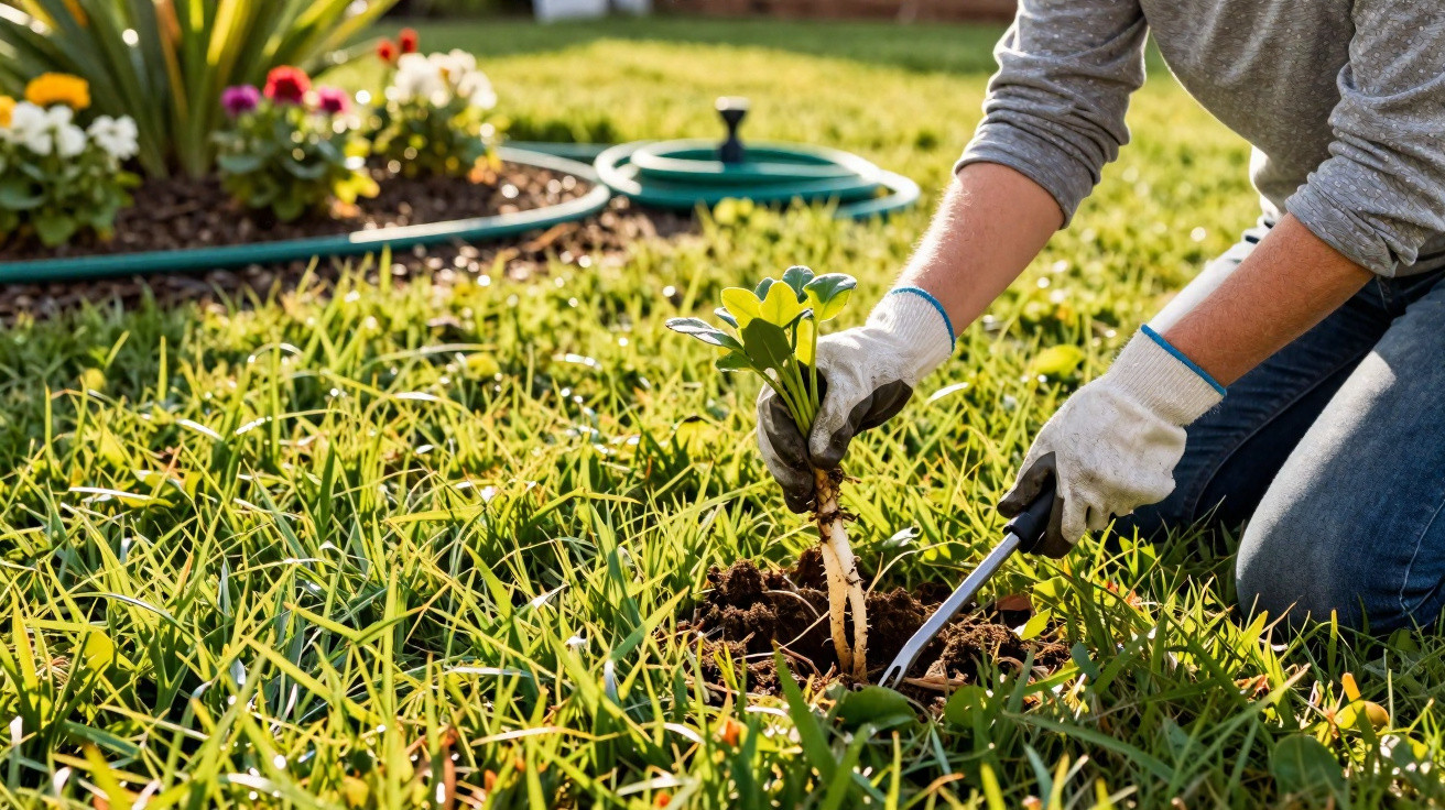 Pessoa a plantar uma pequena planta num jardim com luvas e ferramenta de jardinagem.